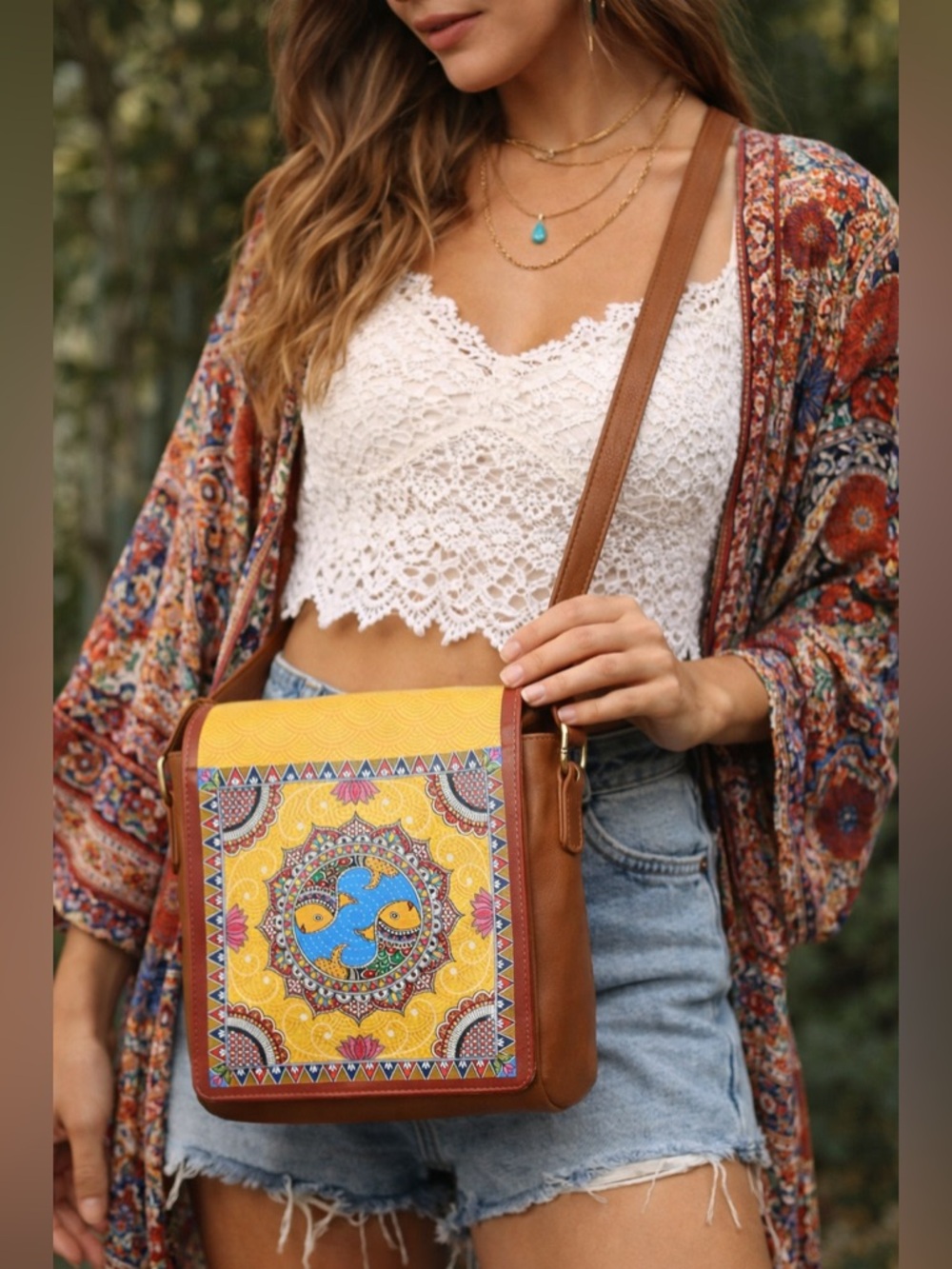 The Bombay Store Koi Fish Yin Yang Boho Crossbody Purse Brown Yellow NWT